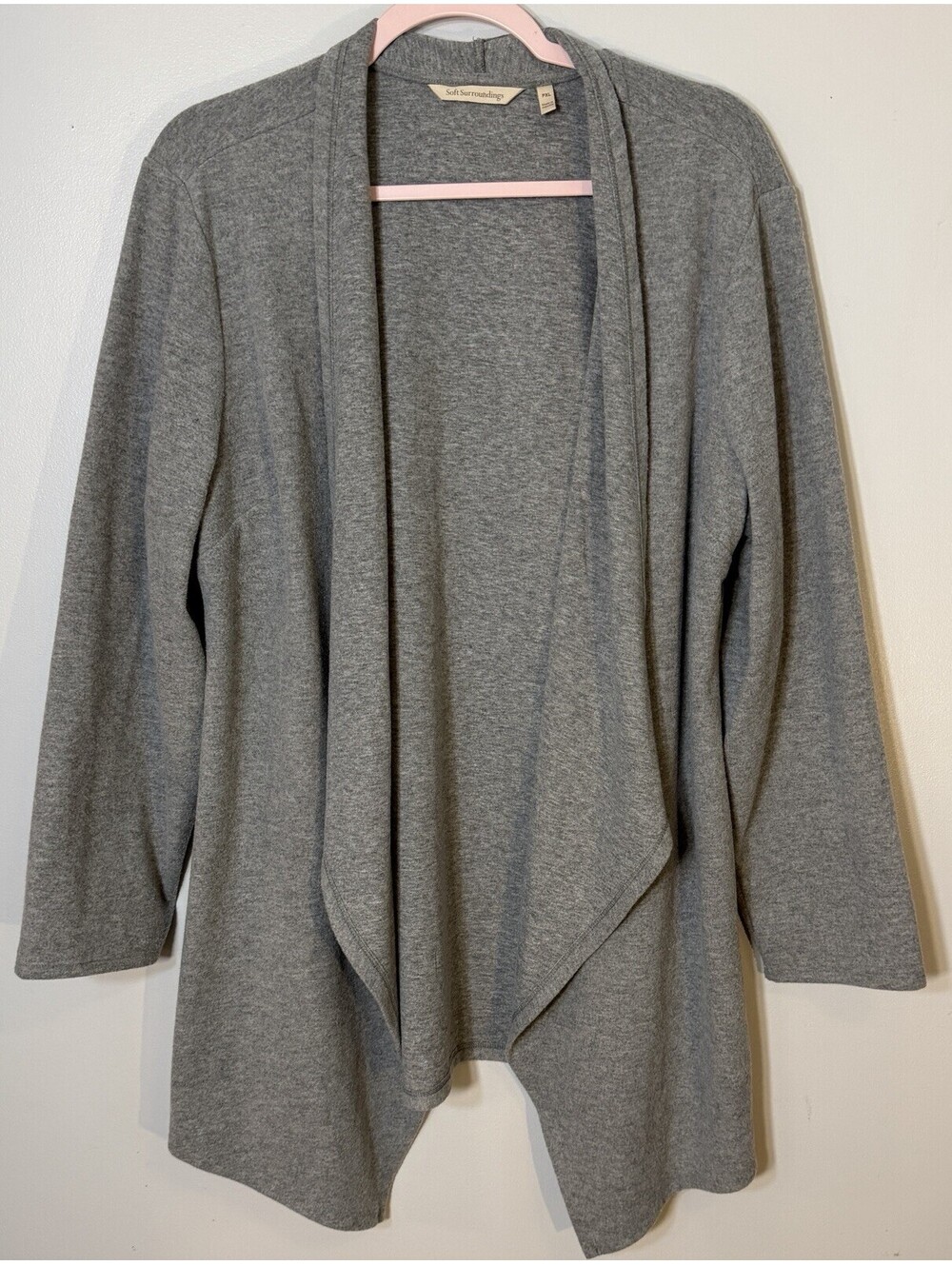 Soft Surroundings Cardigan PXL Grey Draped Waterfall Open Front Knit Sweater